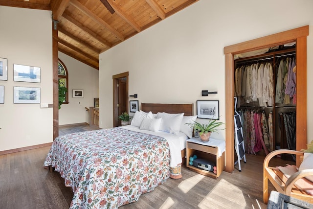 7 Linsdale Ln, Point Reyes Station, CA 94956 - bedroom with wooden ceiling with exposed beams, wood finished floors, a closet, high vaulted ceiling, and baseboards