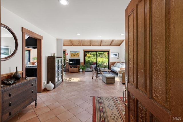 7 Linsdale Ln, Point Reyes Station, CA 94956 - living room with recessed lighting, light tile patterned floors, and wood ceiling with exposed beams