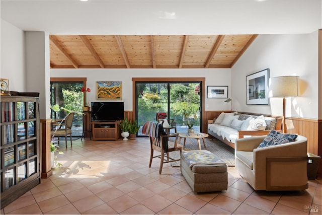 7 Linsdale Ln, Point Reyes Station, CA 94956 - living room with wooden ceiling, wainscoting, healthy amount of natural light, light tile patterned floors, and wood walls