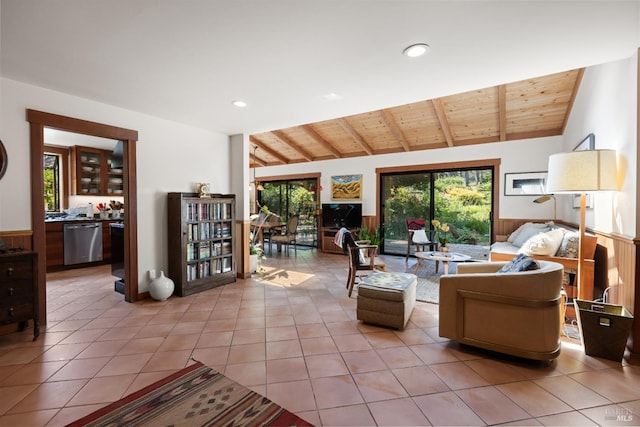 7 Linsdale Ln, Point Reyes Station, CA 94956 - living room with wood ceiling, a wainscoted wall, light tile patterned flooring, and recessed lighting