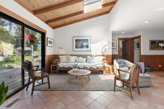 7 Linsdale Ln, Point Reyes Station, CA 94956 - living room with a wainscoted wall, wood walls, wooden ceiling, and light tile patterned flooring