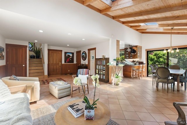 7 Linsdale Ln, Point Reyes Station, CA 94956 - living room featuring light tile patterned floors, stairs, recessed lighting, and a skylight