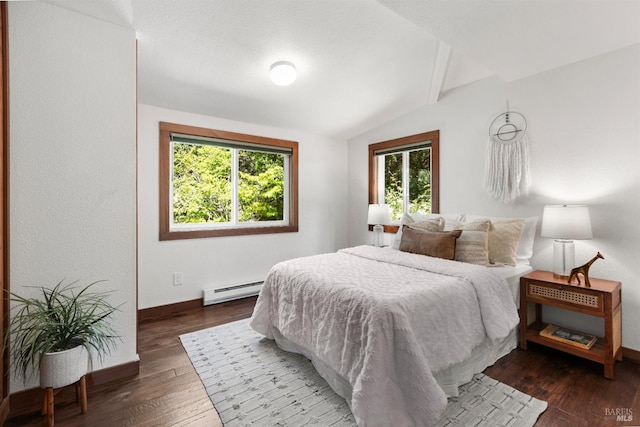 168 Vision Rd, Inverness, CA 94937 - bedroom with a baseboard radiator, multiple windows, lofted ceiling, baseboards, and wood finished floors