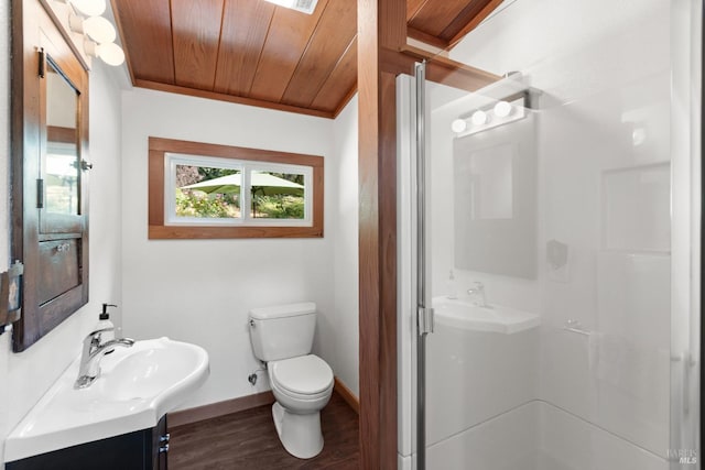 168 Vision Rd, Inverness, CA 94937 - full bathroom featuring a stall shower, vanity, wood ceiling, baseboards, and toilet