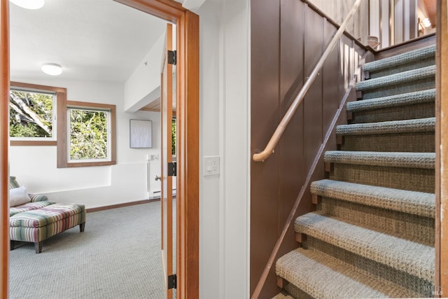 168 Vision Rd, Inverness, CA 94937 - staircase featuring carpet floors, a baseboard heating unit, and baseboards
