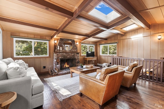 168 Vision Rd, Inverness, CA 94937 - living area with wood walls, hardwood / wood-style floors, wood ceiling with exposed beams, a brick fireplace, and a skylight