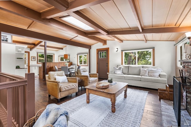 168 Vision Rd, Inverness, CA 94937 - living room featuring hardwood / wood-style flooring, healthy amount of natural light, wood ceiling, and a brick fireplace