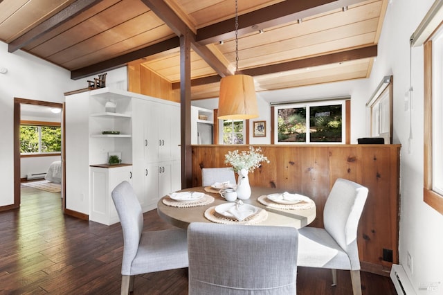 168 Vision Rd, Inverness, CA 94937 - dining room with a baseboard heating unit, wooden ceiling with exposed beams, baseboard heating, hardwood / wood-style flooring, and wood walls