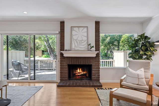 9 California Condor Way, Novato, CA 94949 - living room featuring a fireplace, wood finished floors, ornamental molding, and baseboards