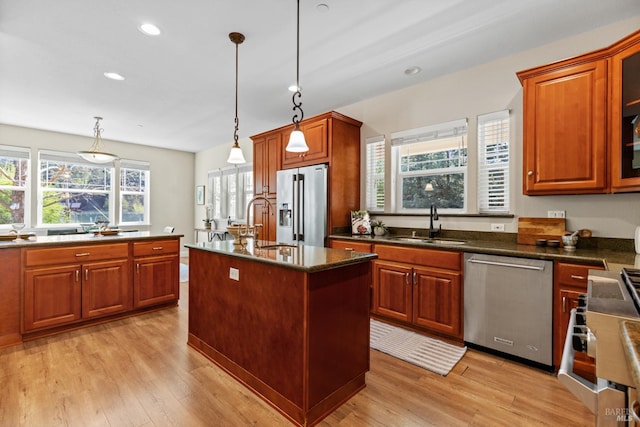 14600 Jomark Ln, Occidental, CA 95465 - kitchen featuring high quality appliances, a sink, light wood-type flooring, recessed lighting, and decorative light fixtures