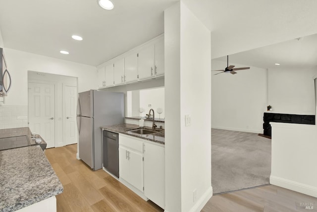 21100 Gary Dr Unit 215, Hayward, CA 94546 - kitchen featuring appliances with stainless steel finishes, a sink, a ceiling fan, white cabinets, and recessed lighting
