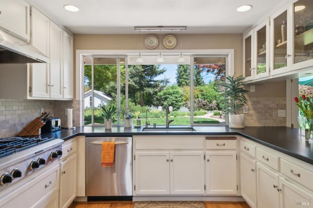 291 Maple Ave, Kenwood, CA 95452 - kitchen with a sink, under cabinet range hood, appliances with stainless steel finishes, dark countertops, and decorative backsplash