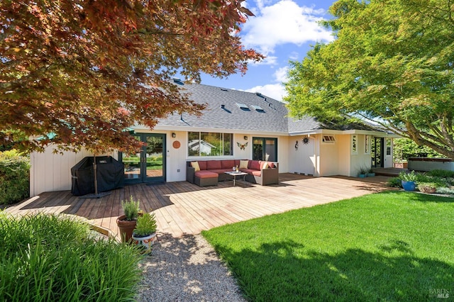 291 Maple Ave, Kenwood, CA 95452 - back of property featuring an outdoor hangout area, a lawn, french doors, a wooden deck, and roof with shingles