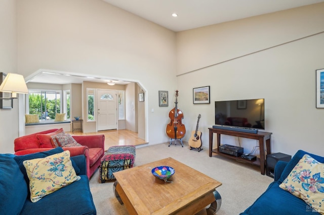 291 Maple Ave, Kenwood, CA 95452 - living room featuring carpet floors, a high ceiling, and recessed lighting
