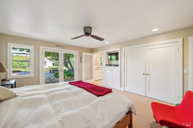 291 Maple Ave, Kenwood, CA 95452 - bedroom with access to exterior, recessed lighting, ceiling fan, ensuite bath, and light carpet