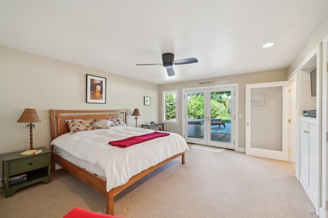291 Maple Ave, Kenwood, CA 95452 - bedroom featuring access to exterior, light colored carpet, baseboards, ceiling fan, and french doors