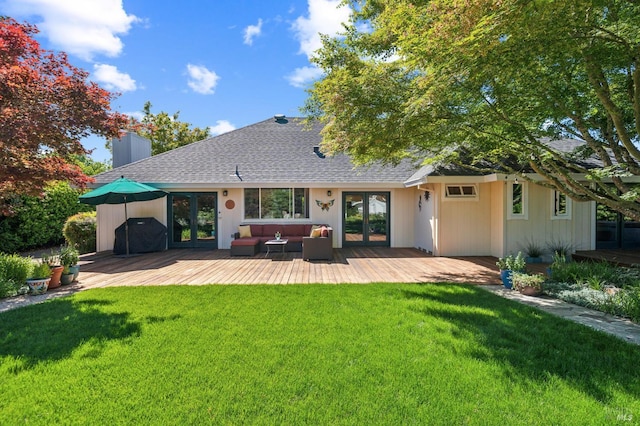 291 Maple Ave, Kenwood, CA 95452 - rear view of house featuring a wooden deck, french doors, a chimney, roof with shingles, and an outdoor hangout area