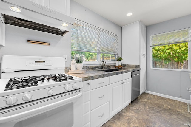 6576 Jade Ct, Rohnert Park, CA 94928 - kitchen with white range with gas cooktop, dishwasher, ventilation hood, a sink, and white cabinetry