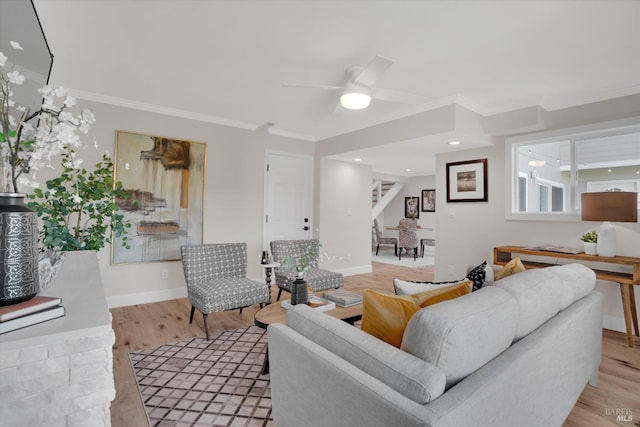 323 Larkin Ct, Benicia, CA 94510 - living room featuring ornamental molding, stairway, ceiling fan, light wood-style floors, and baseboards