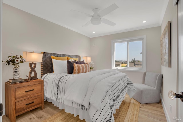 323 Larkin Ct, Benicia, CA 94510 - bedroom with light wood-style floors, ornamental molding, recessed lighting, baseboards, and ceiling fan
