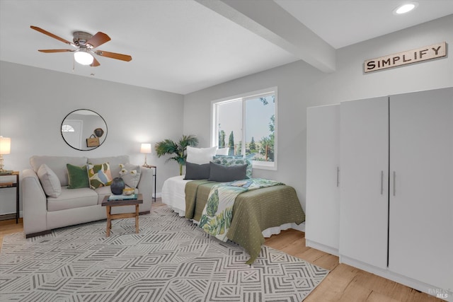 323 Larkin Ct, Benicia, CA 94510 - bedroom with light wood finished floors, beam ceiling, recessed lighting, ceiling fan, and baseboards
