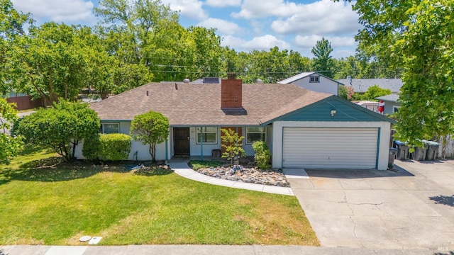 701 Nevada St, Fairfield, CA 94533 - ranch-style home with a chimney, an attached garage, driveway, a front lawn, and a shingled roof