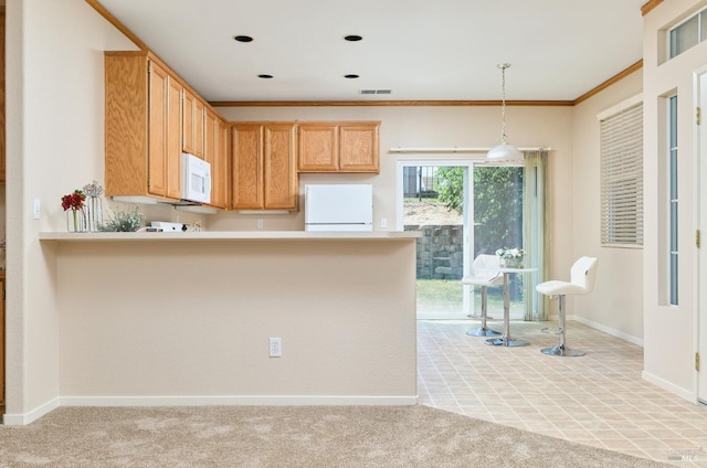 619 Turnberry Ter, Rio Vista, CA 94571 - kitchen featuring white appliances, light carpet, baseboards, light countertops, and pendant lighting