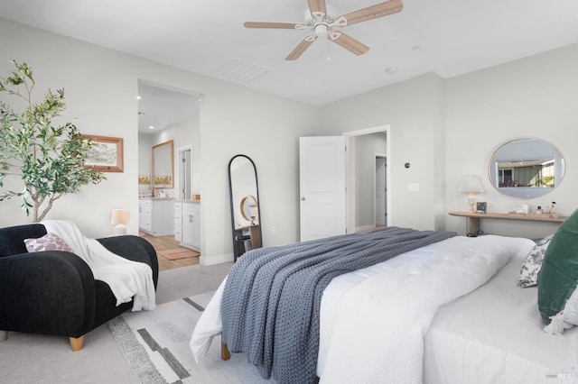 2579 Estery Ln, Santa Rosa, CA 95403 - bedroom with light colored carpet, ensuite bathroom, ceiling fan, and recessed lighting
