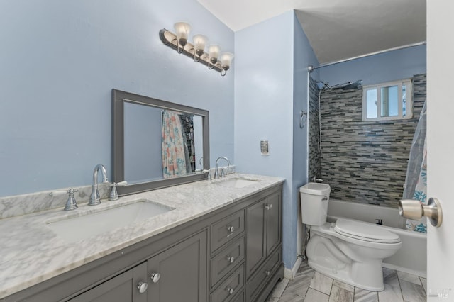 2235 Nottingham Dr, Fairfield, CA 94534 - full bathroom with double vanity, shower / bath combo, toilet, and baseboards