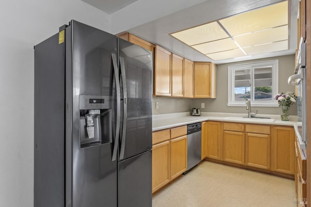 2235 Nottingham Dr, Fairfield, CA 94534 - kitchen featuring refrigerator with ice dispenser, stainless steel dishwasher, a sink, and light countertops