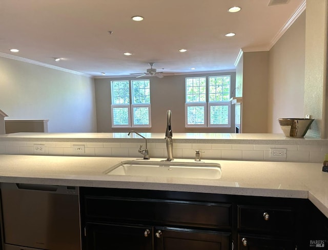 764 Mcclelland Dr, Windsor, CA 95492 - kitchen with stainless steel dishwasher, a sink, recessed lighting, crown molding, and light stone countertops