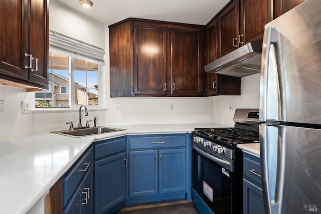 1039 Aston Cir, Santa Rosa, CA 95404 - kitchen with stainless steel appliances, a sink, under cabinet range hood, blue cabinets, and light countertops