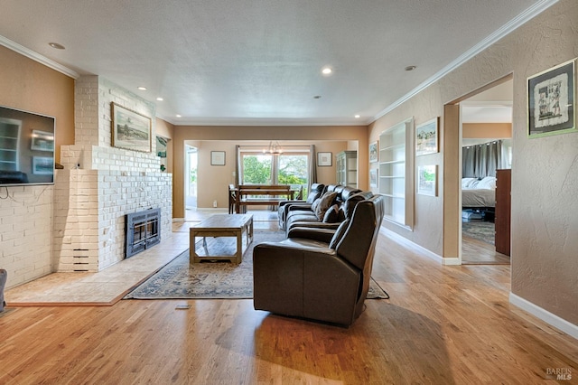 5851 Vine Hill Rd, Sebastopol, CA 95472 - living room featuring wood finished floors, baseboards, crown molding, a chandelier, and a fireplace