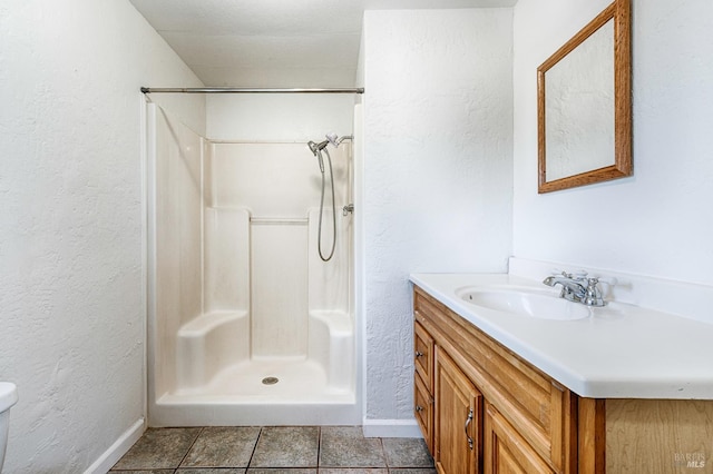 5851 Vine Hill Rd, Sebastopol, CA 95472 - bathroom featuring a shower, vanity, a textured wall, baseboards, and toilet