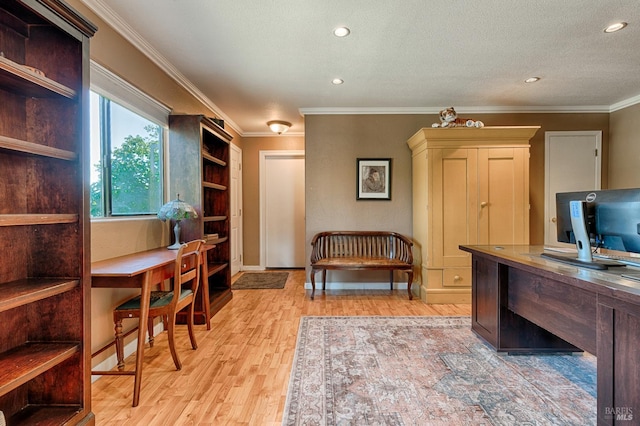5851 Vine Hill Rd, Sebastopol, CA 95472 - office space with light wood-type flooring, ornamental molding, recessed lighting, and a textured ceiling