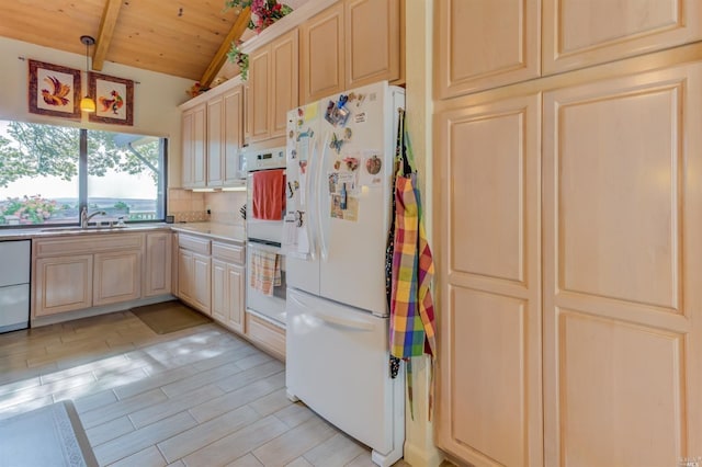 5010 Sleepy Hollow Ln, Fairfield, CA 94534 - kitchen with white appliances, a sink, wood ceiling, light countertops, and pendant lighting