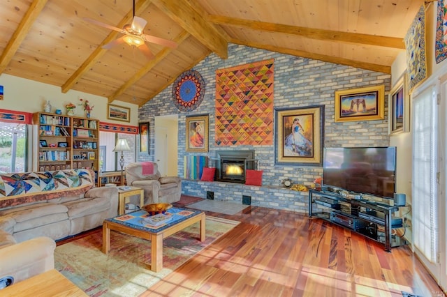 5010 Sleepy Hollow Ln, Fairfield, CA 94534 - living area with wood finished floors, wooden ceiling, a brick fireplace, ceiling fan, and brick wall