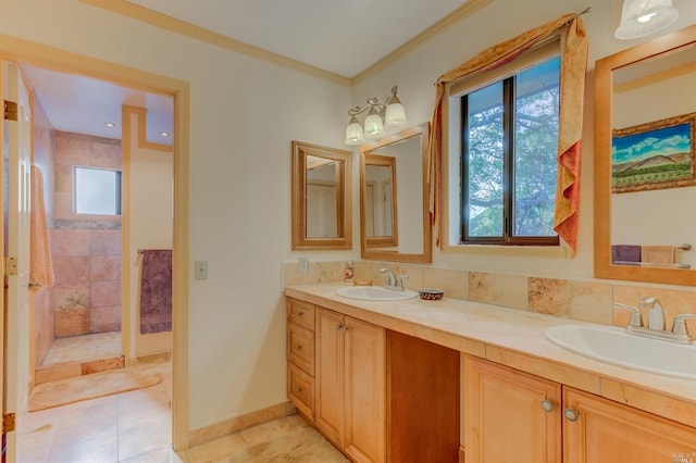 5010 Sleepy Hollow Ln, Fairfield, CA 94534 - bathroom featuring double vanity, walk in shower, tile patterned floors, and crown molding