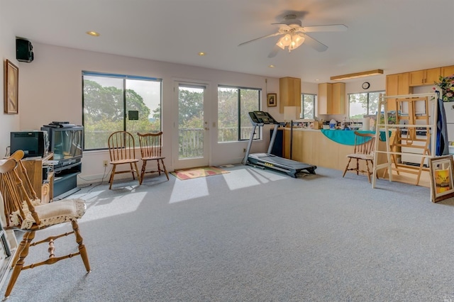 5010 Sleepy Hollow Ln, Fairfield, CA 94534 - exercise room with carpet, healthy amount of natural light, ceiling fan, and recessed lighting