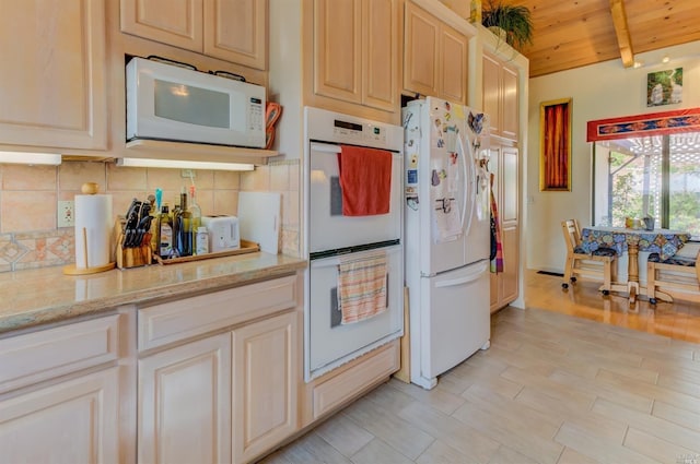 5010 Sleepy Hollow Ln, Fairfield, CA 94534 - kitchen featuring white appliances, wooden ceiling with exposed beams, backsplash, and light stone countertops