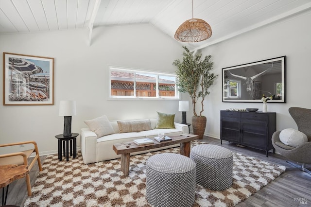 115 Leland Way, Tiburon, CA 94920 - living room featuring vaulted ceiling, wood finished floors, wooden ceiling, and baseboards