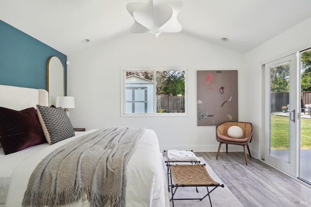 115 Leland Way, Tiburon, CA 94920 - bedroom featuring access to outside, multiple windows, lofted ceiling, wood finished floors, and baseboards