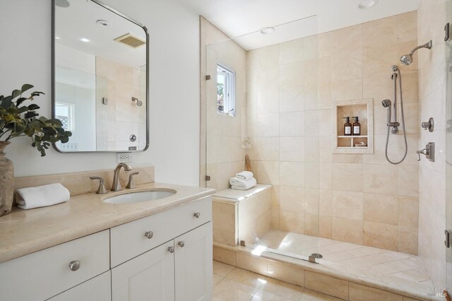 115 Leland Way, Tiburon, CA 94920 - bathroom featuring a tile shower, vanity, and tile patterned floors