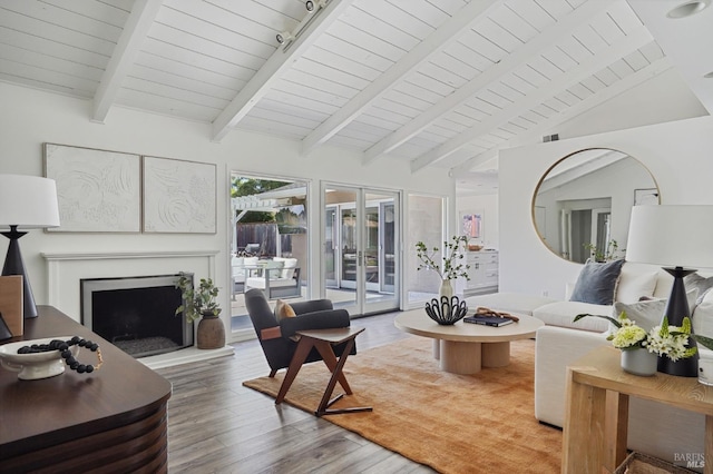 115 Leland Way, Tiburon, CA 94920 - living room featuring wood finished floors, wood ceiling, and a fireplace with raised hearth