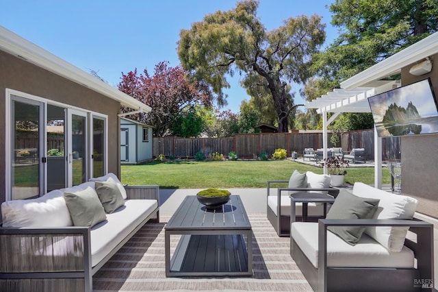 115 Leland Way, Tiburon, CA 94920 - wooden deck featuring outdoor lounge area, a pergola, and a patio