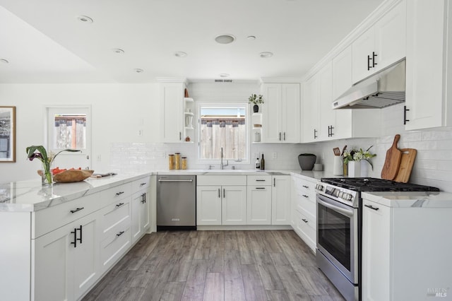 115 Leland Way, Tiburon, CA 94920 - kitchen with appliances with stainless steel finishes, under cabinet range hood, a peninsula, open shelves, and white cabinetry