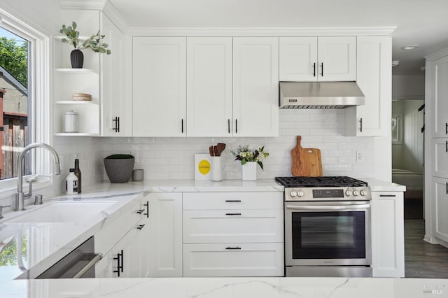 115 Leland Way, Tiburon, CA 94920 - kitchen featuring gas range, under cabinet range hood, a sink, white cabinetry, and light stone countertops