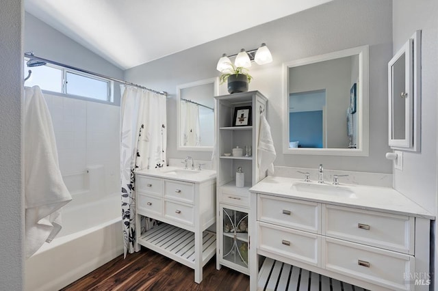 2775 Red Tail St, Santa Rosa, CA 95407 - full bathroom featuring vaulted ceiling, vanity, shower / bath combo with shower curtain, and wood finished floors