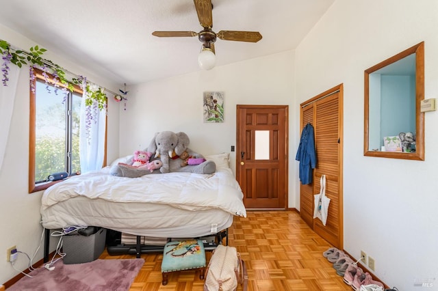 221 Tiburon Blvd, San Rafael, CA 94901 - bedroom featuring a closet, lofted ceiling, and ceiling fan