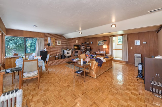 221 Tiburon Blvd, San Rafael, CA 94901 - living area featuring radiator, plenty of natural light, a wood stove, wooden walls, and lofted ceiling